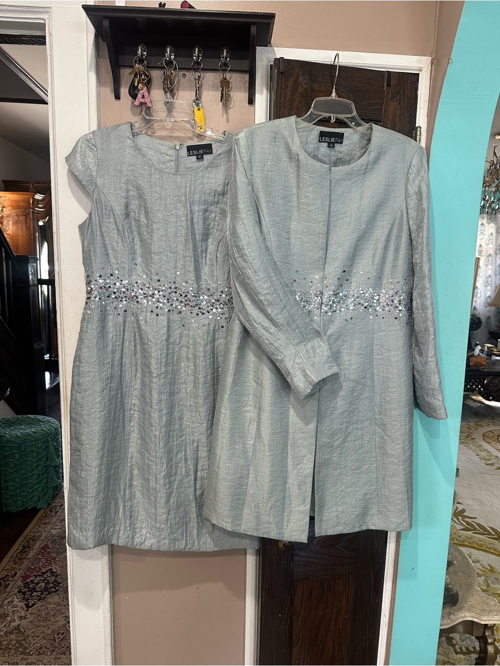 Leslie Fay Silver Two-Piece Dress with Beaded Waist Jacket